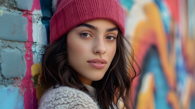 Young Woman in Pink Knit Beanie Leaning Against Graffiti Wall