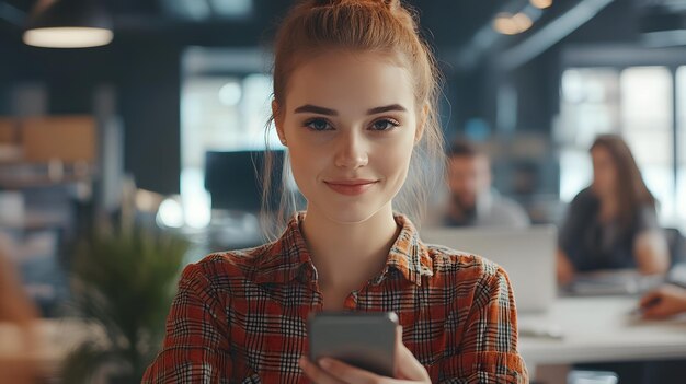 Young Woman in Plaid Shirt Holding Smartphone and Smiling in Office