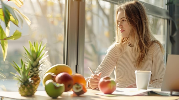 Photo young woman planning a healthy diet with fresh fruits by a sunlit window wellness and nutrition focused on balanced meals and organic produce