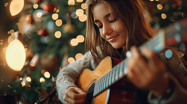 Young Woman Playing Acoustic Guitar in Cozy Christmas Setting with Warm Bokeh Lights