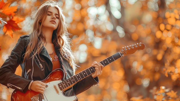 Young Woman Playing Electric Guitar in Autumn Forest with Bokeh Background