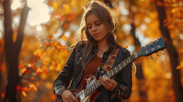 Young Woman Playing Guitar in Autumn Forest During Golden Hour