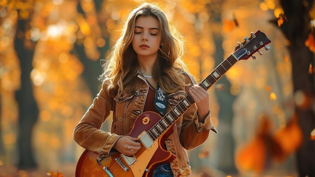 Young Woman Playing Guitar in Autumn Park Fall Season Outdoor Music and Creativity