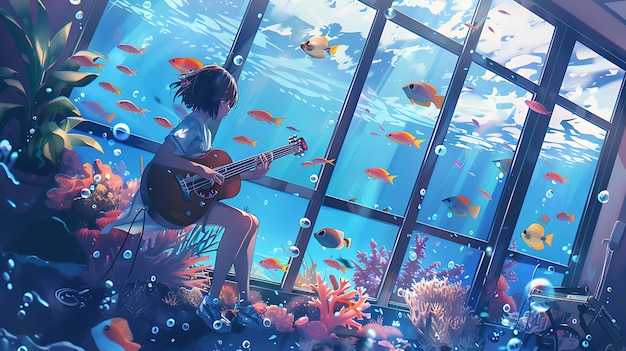 Young Woman Plays Guitar in a Room With an Underwater View