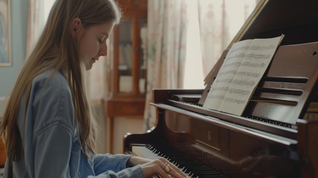 A young woman plays the piano with concentration soft light filtering through floral curtains adding a serene and intimate atmosphere