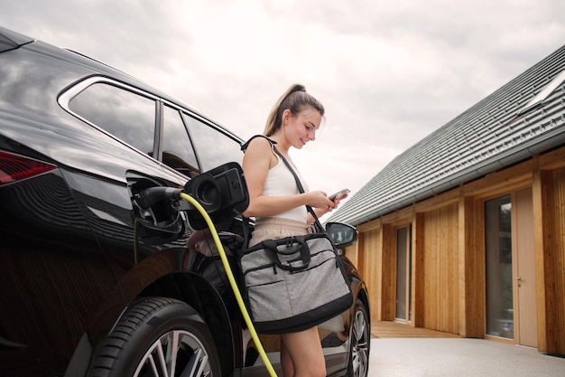 Young woman plugging a charger in electric car at modern house home