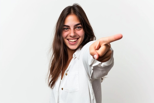 Young woman pointing front with happy expression on white isolated background