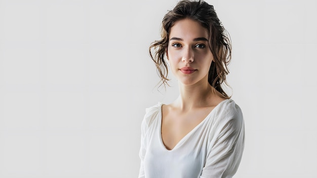 a young woman poses in a studio setting wearing a white top and jeans isolated on white