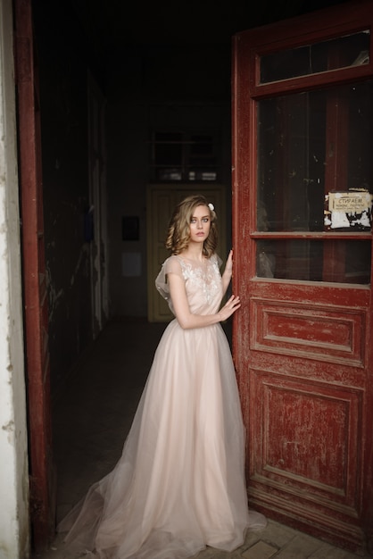 Young woman posing in a pink tender light long dress indoors