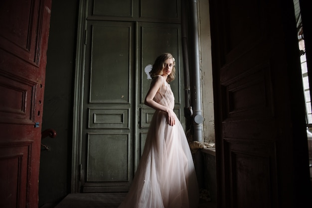 Young woman posing in a pink tender light long dress indoors