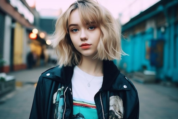 Young woman posing while sitting with an urban landscape on the background