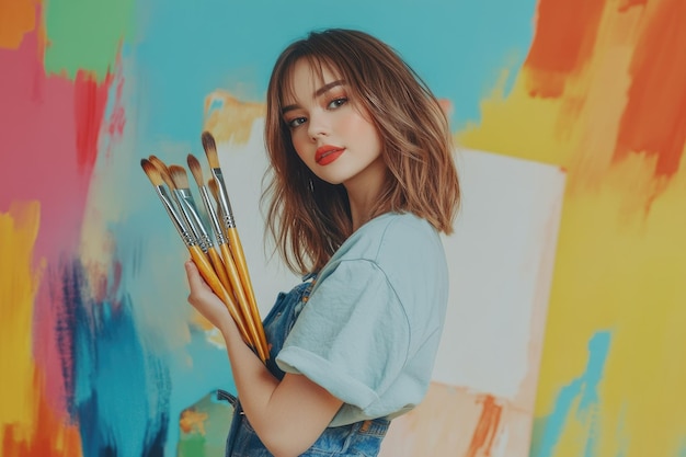 Young woman posing with paint brushes and canvas