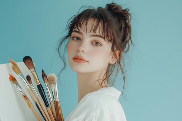 Young woman posing with paint brushes and canvas