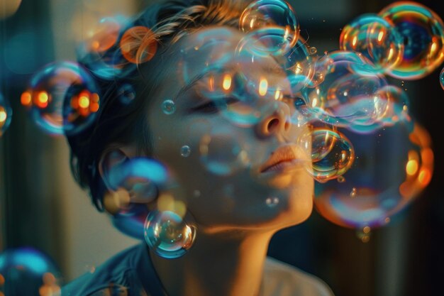 Young woman posing with soap bubbles reflecting city lights