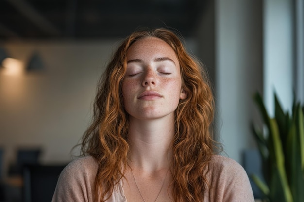 Photo a young woman practices deep breathing exercises in a bright office during midday focusing on stress management and relaxation techniques