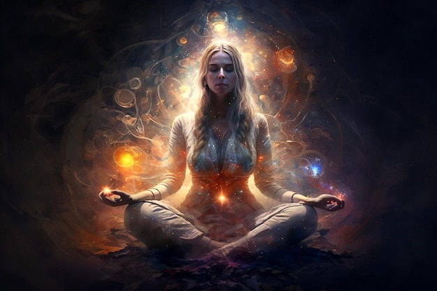 Young woman practices yoga and meditation with space energy fantasy view generative AI