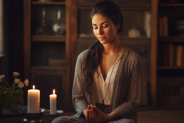 Young woman practicing breathing exercise and meditation at home mindfulness and yoga concept