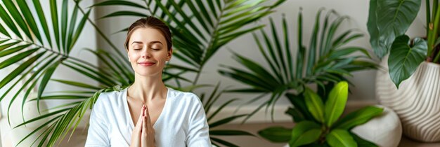 Photo young woman practicing meditation in a serene indoor setting with lush tropical greenery copy space