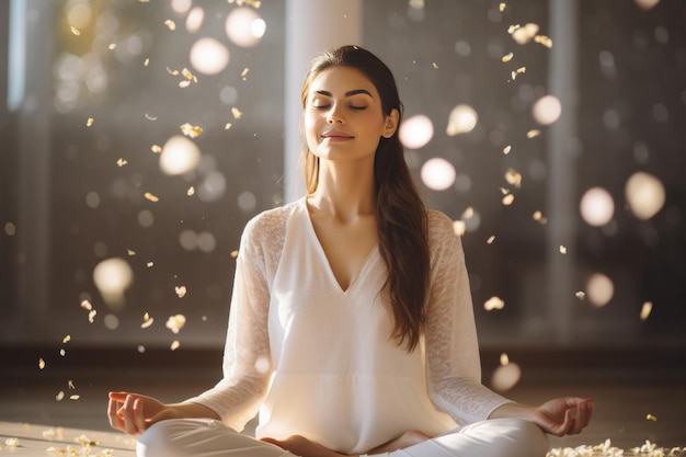 Young woman practicing mindfulness meditation at home for health and inner peace