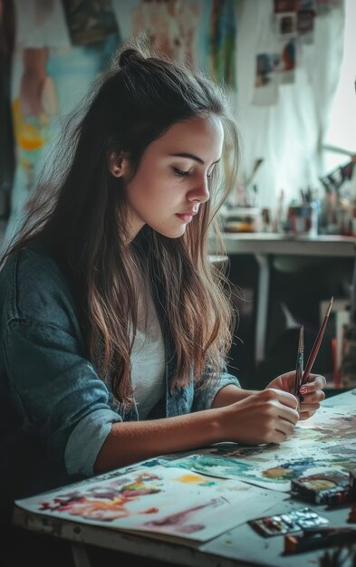 Young Woman Practicing Watercolor Painting in Studio