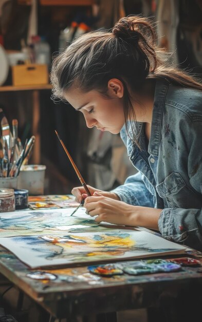 Young Woman Practicing Watercolor Painting in Studio