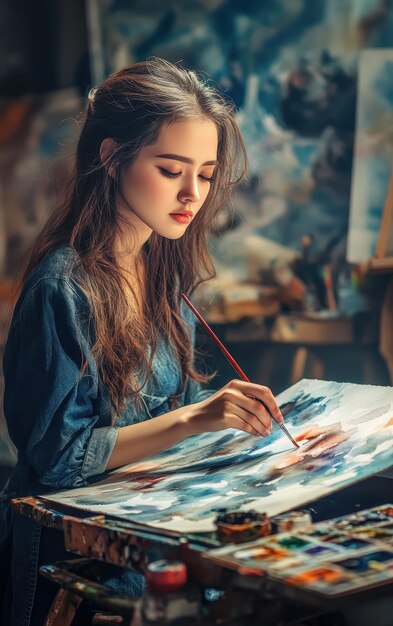 Young Woman Practicing Watercolor Painting in Studio