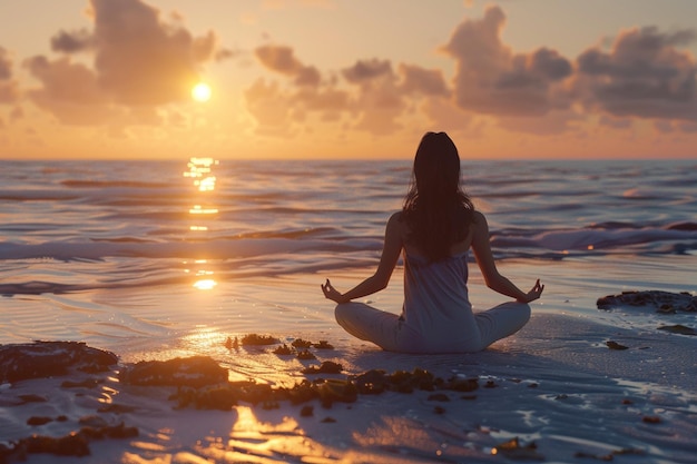 Young woman practicing yoga on the beach as the su