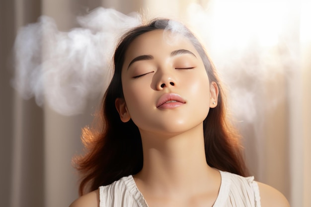 Young woman practicing yoga breathing and meditation at home for mindfulness and wellbeing