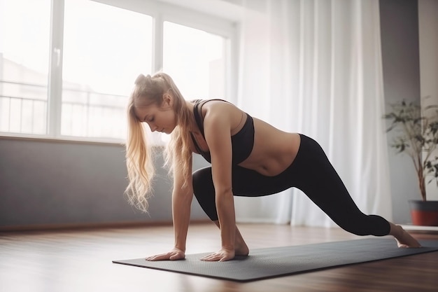 Young woman practicing yoga at home generative ai