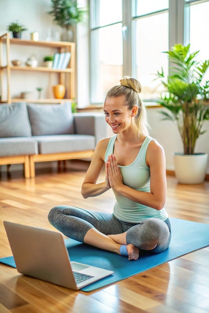 Photo young woman practicing yoga is engaged with the teacher online