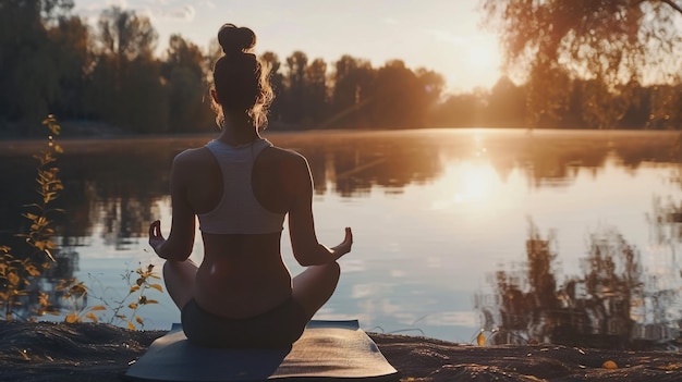 Young woman practicing yoga near a lake outdoors during meditation Sport fitness and exercising