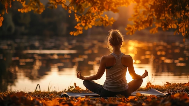 Young woman practicing yoga near a lake outdoors during meditation Sport fitness and exercising