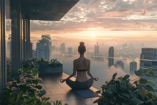 Young Woman Practicing Yoga Pranayama Outdoors on Apartment Balcony in Morning