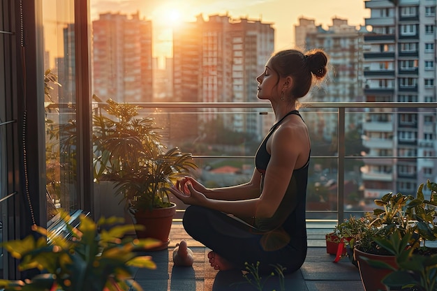 Young Woman Practicing Yoga Pranayama Outdoors on Apartment Balcony in Morning