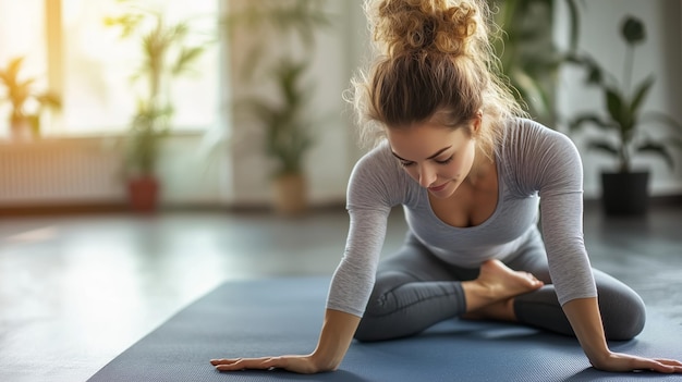 Young woman practicing yoga in a serene indoor setting during sunrise