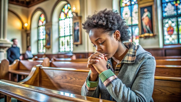 a young woman praying in a church with a stained glass window behind her head