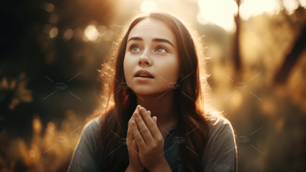 A young woman praying in the sun