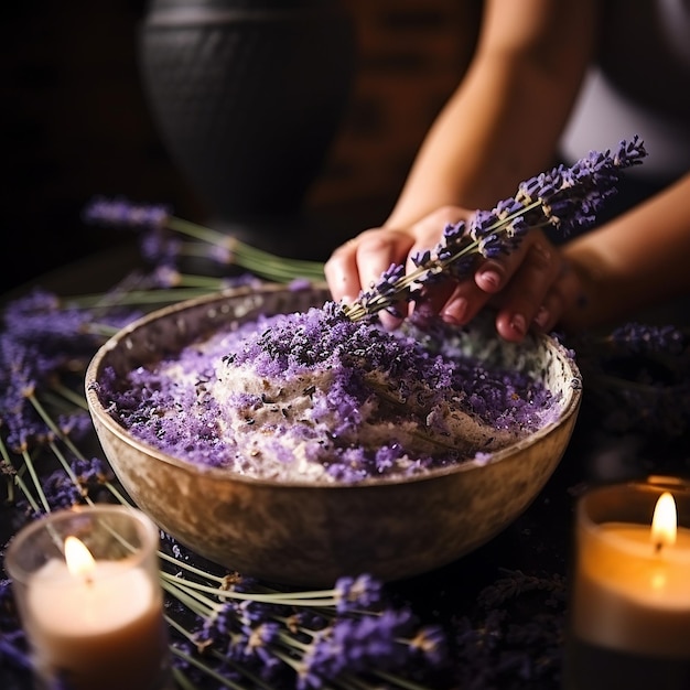 A young woman preparing lavender scented scrubs for body massage on the table