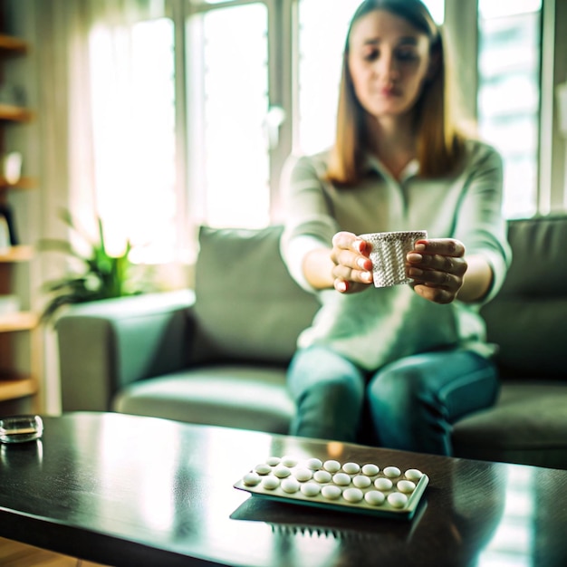 Photo a young woman preparing to take her birth control pill in a modern bedroom