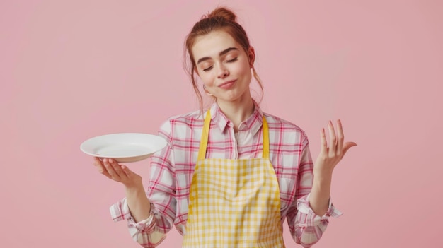 Photo young woman presenting empty plate