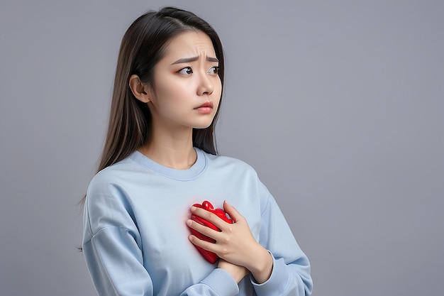 Young woman pressing on chest with painful expression Severe heartache having heart Generative AI