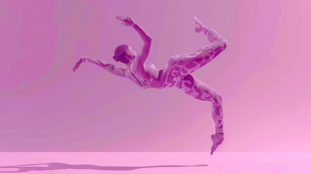 Photo a young woman in a purple leotard is dancing she has her arms outstretched and is leaping into the air her feet are pointed and her body is arched