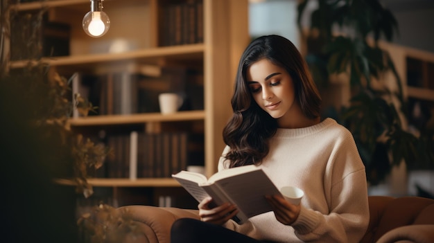 Young woman readig book at home in front of book shelf