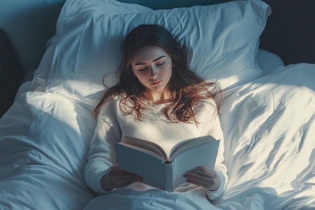 Young woman reading book in bed