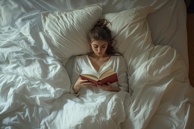 Young woman reading book in bed