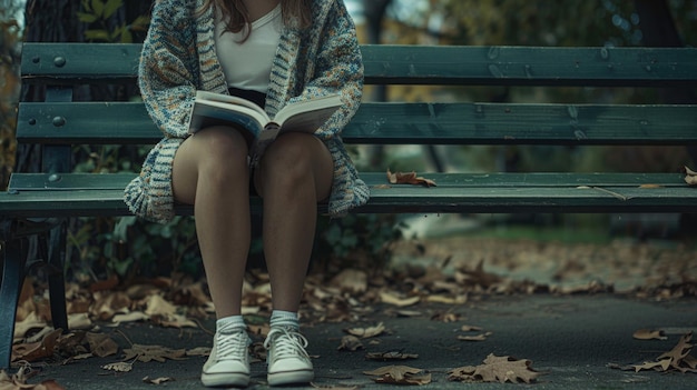 Young Woman Reading a Book on a Park Bench in Autumn