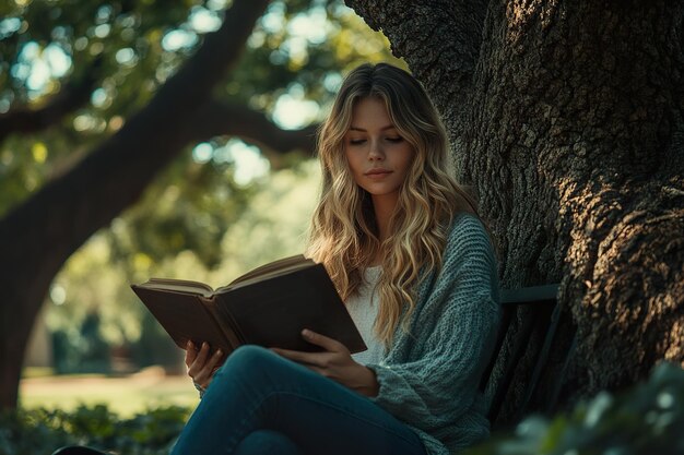 Photo a young woman reading a book in a quiet park sitting on a bench under a large oak tree