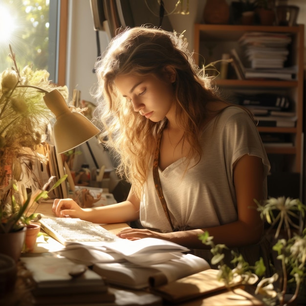 Young woman reading a book in a sunlit room