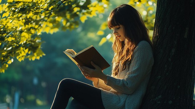 Photo young woman reading book on tree in park