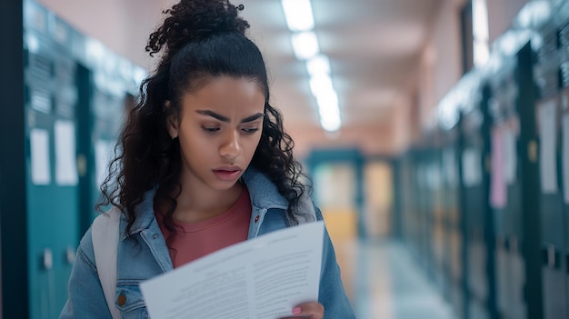 Young woman reading a document in a school hallway